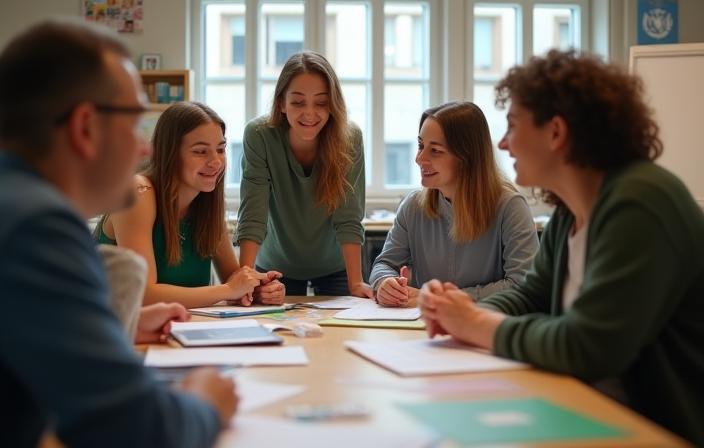 Enseignant et élèves lors d'un atelier linguistique à Lyon